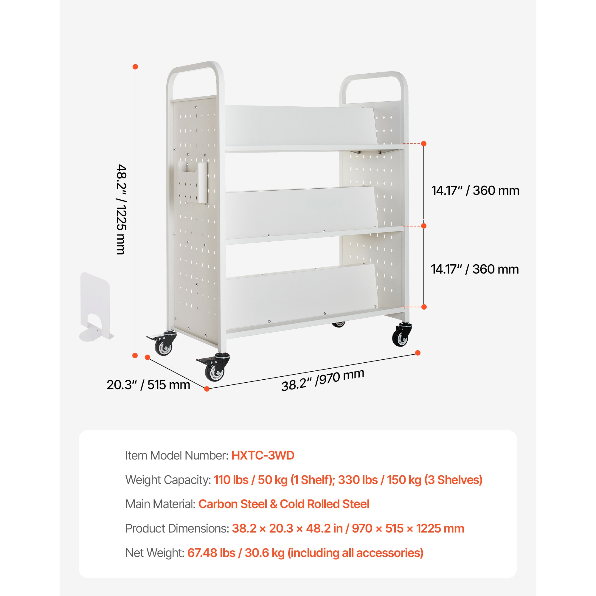3-tier Rolling Book Cart Double Sided W-shaped Shelving Unit White_voghion.com